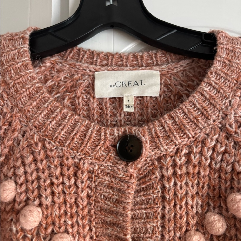THE GREAT. Textured Pom-Pom Cardigan - Dusty Pink - Picture 3 of 5